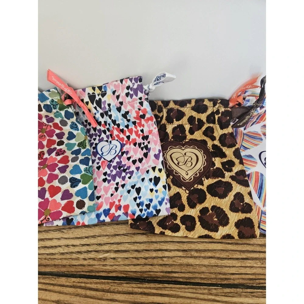Brighton Jewelry Dust Bags Lot of 7 Drawstring Pouches Colorful Hearts Leopard